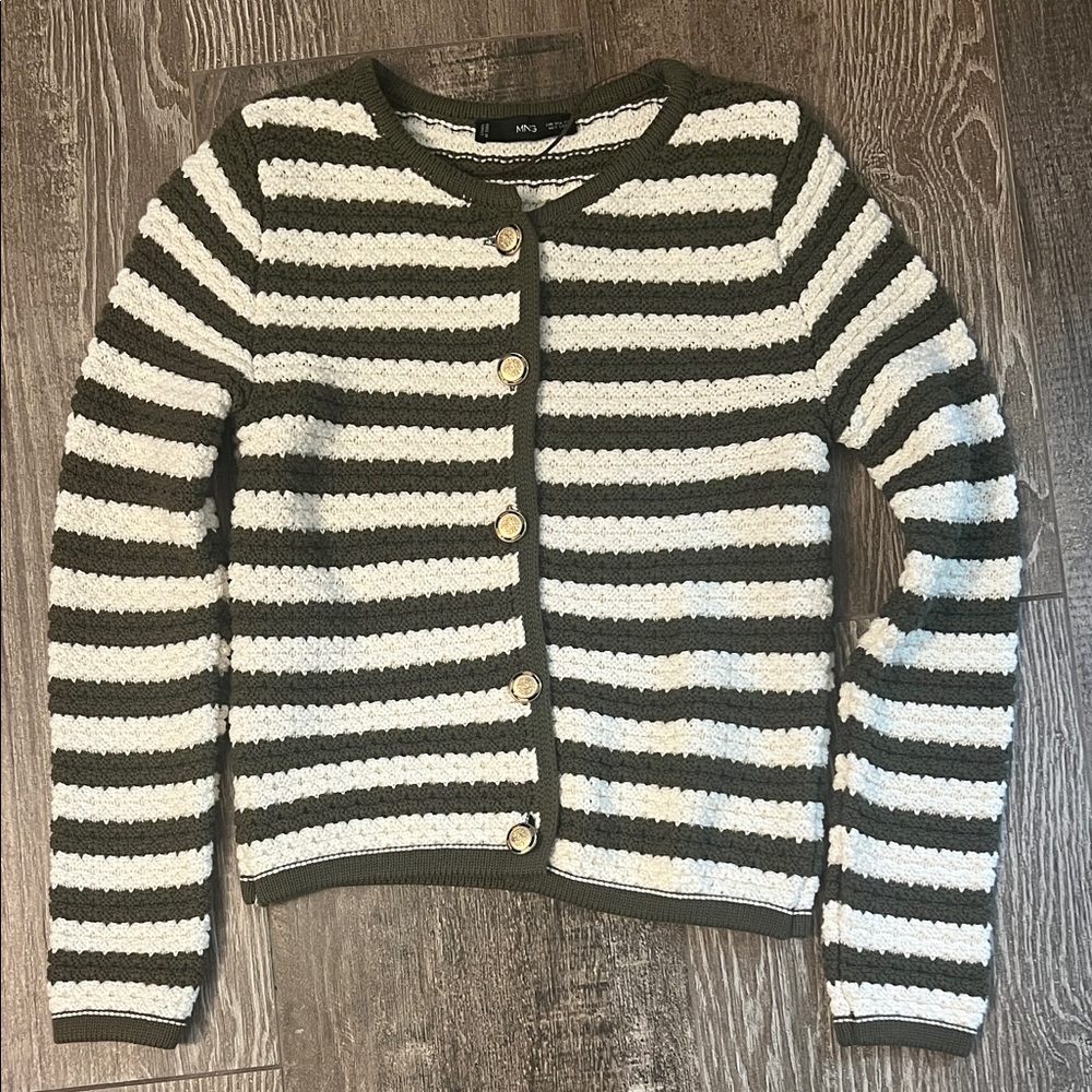 Mango khaki green & cream stripped sweater w/ detailed buttons buttons size XS